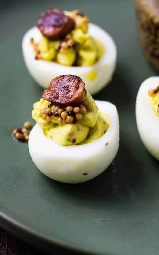 Smoky Honey Mustard Deviled Eggs with Pickled Mustard Seeds