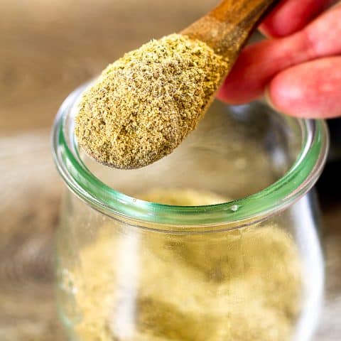 overhead picture of seasoning in a wooden spoon