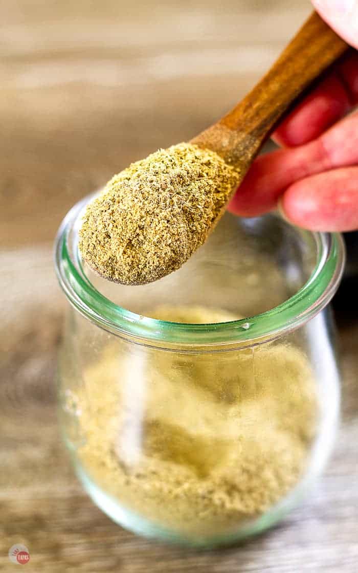 overhead picture of seasoning in a wooden spoon