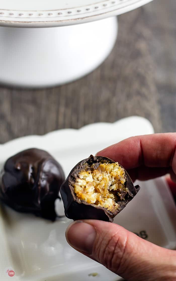 close up of salted cracker truffle with a bite missing
