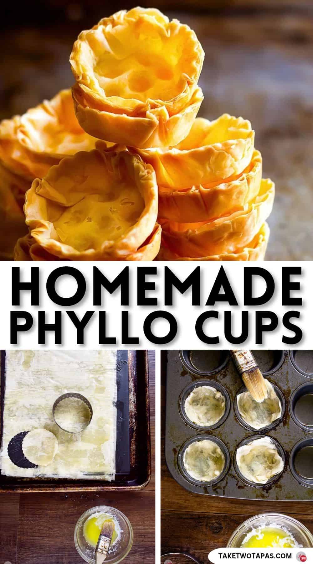 Pinterest pin image for a homemade phyllo cup recipe