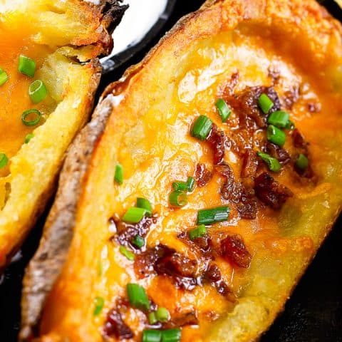 close up of a loaded potato skin