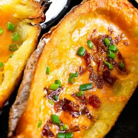 close up of a loaded potato skin