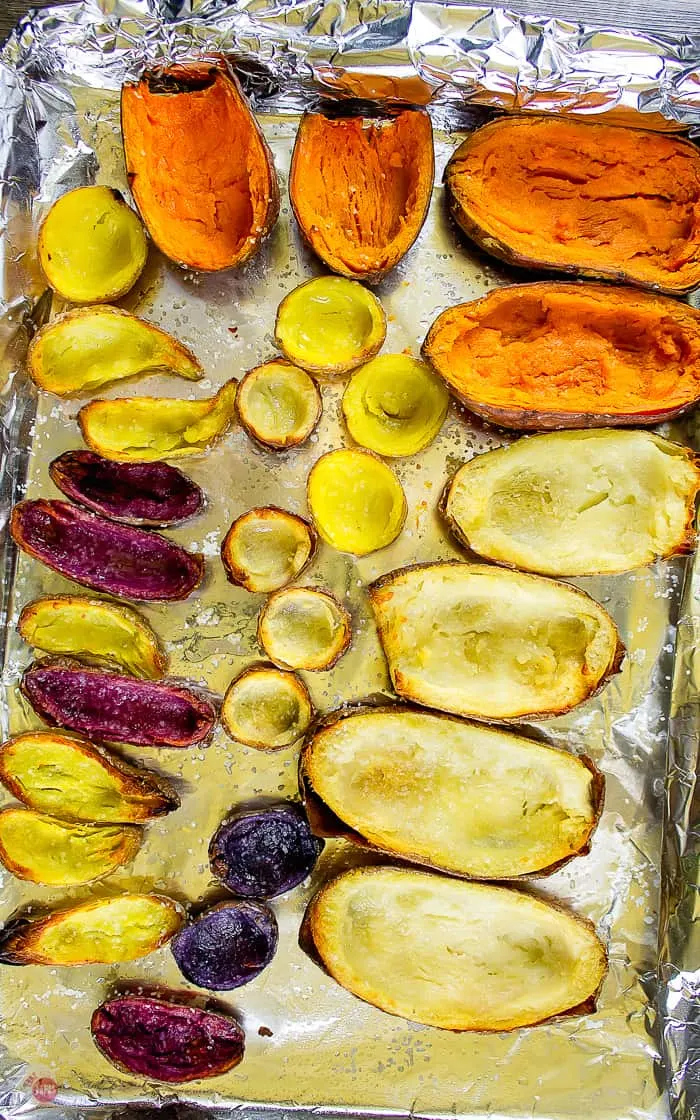 baked naked potato skins on baking sheet