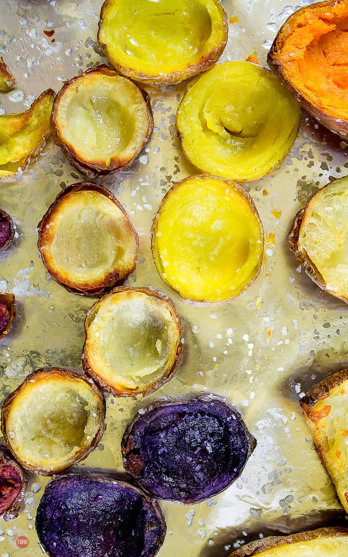 baby potatoes baked on a cookie sheet