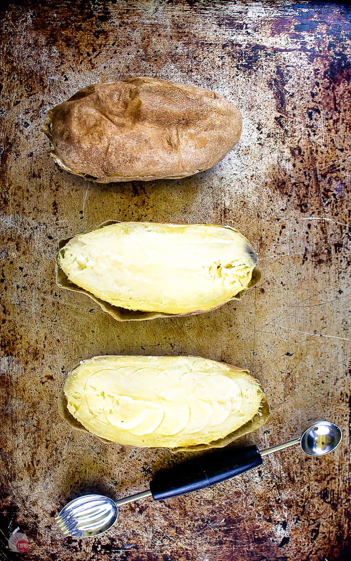 baked potato cut in half