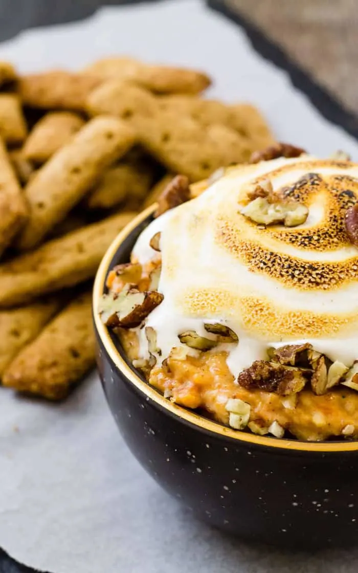 close up of toasted marshmallow topping on sweet potato casserole