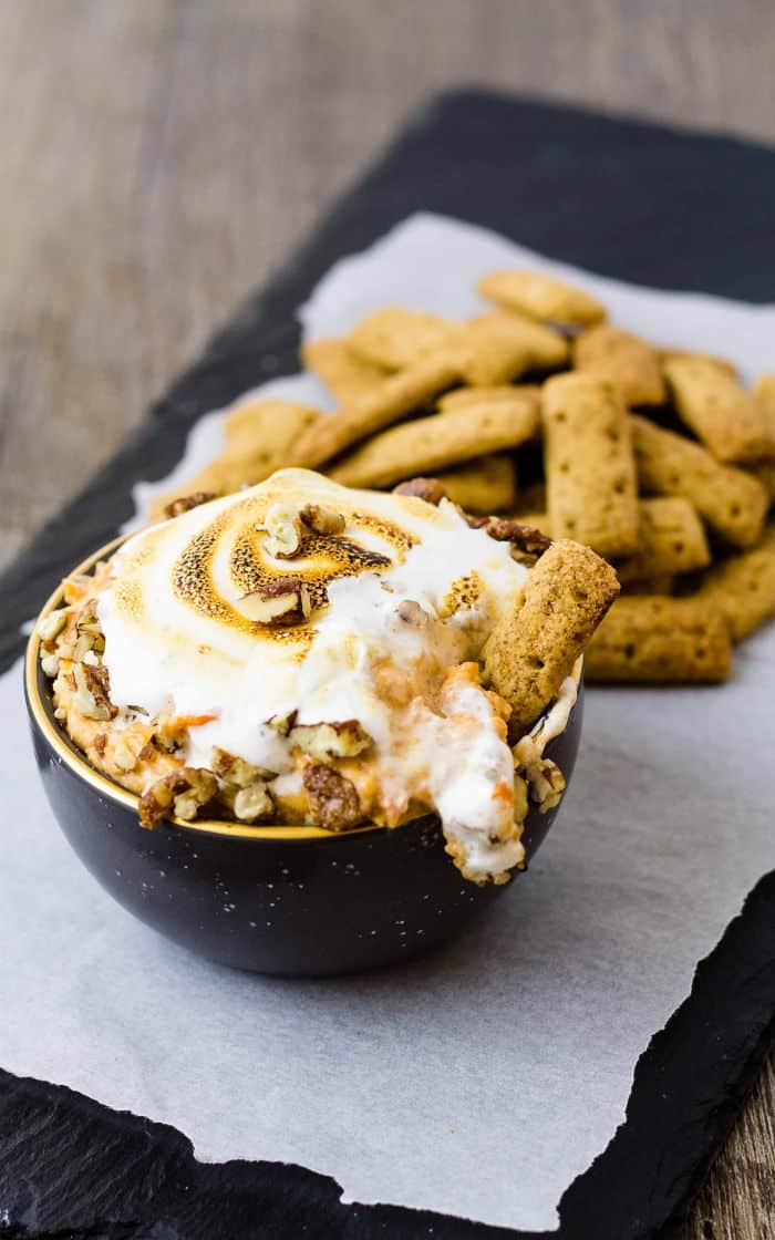 side picture of sweet potato turned into a dip and served in a grey bowl