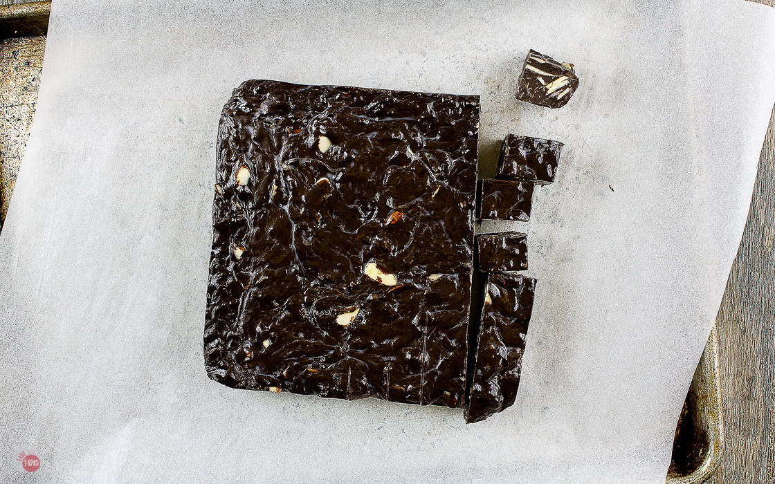 overhead picture of block of fudge cut into a few pieces