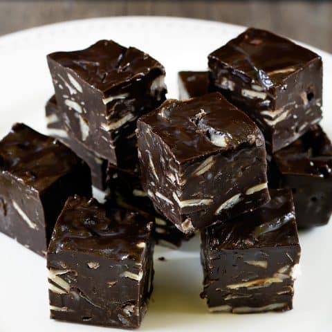 pieces of fudge on a white platter