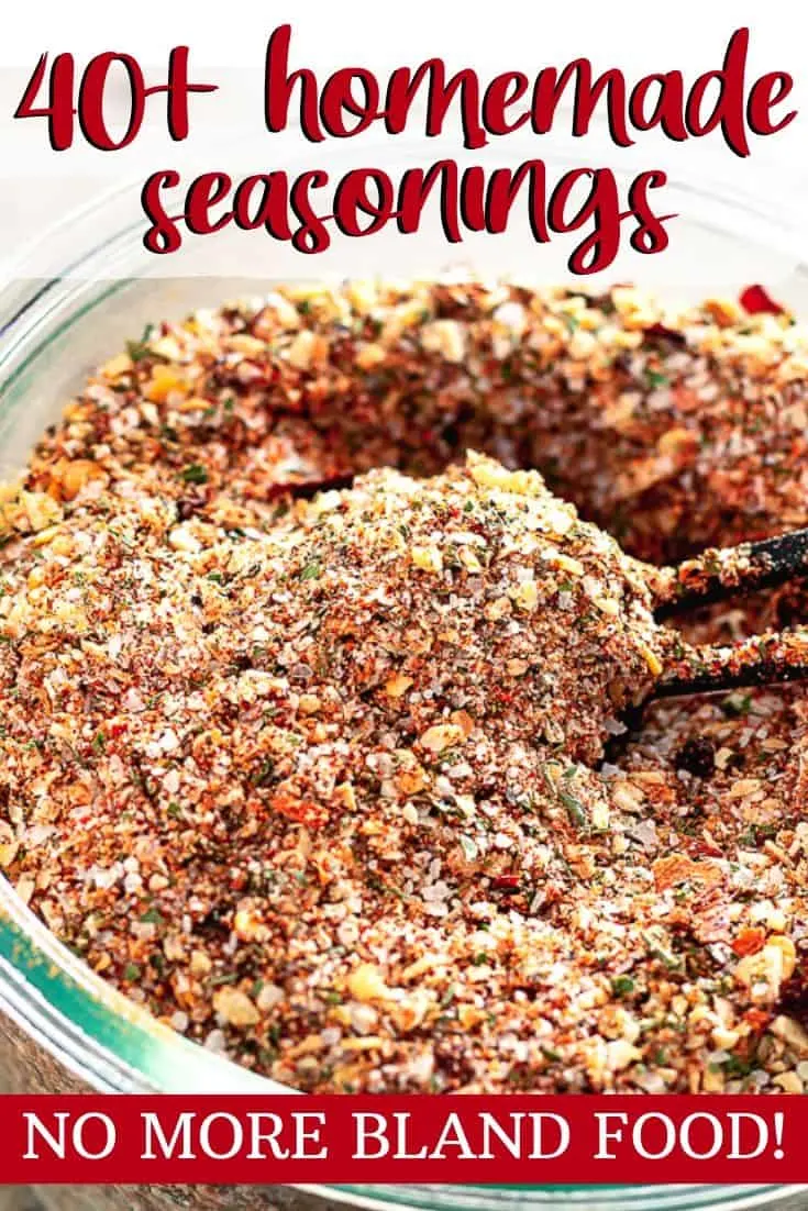 bowl of seasoning mix with text "40+ homemade seasonings