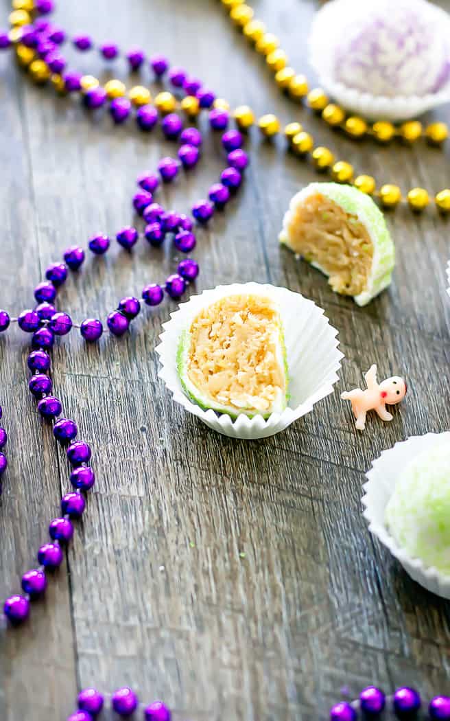 king cake oreo ball cut in half in a cupcake liner