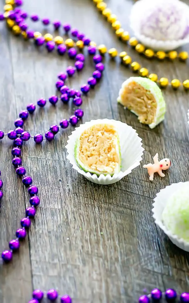 king cake oreo ball cut in half in a cupcake liner