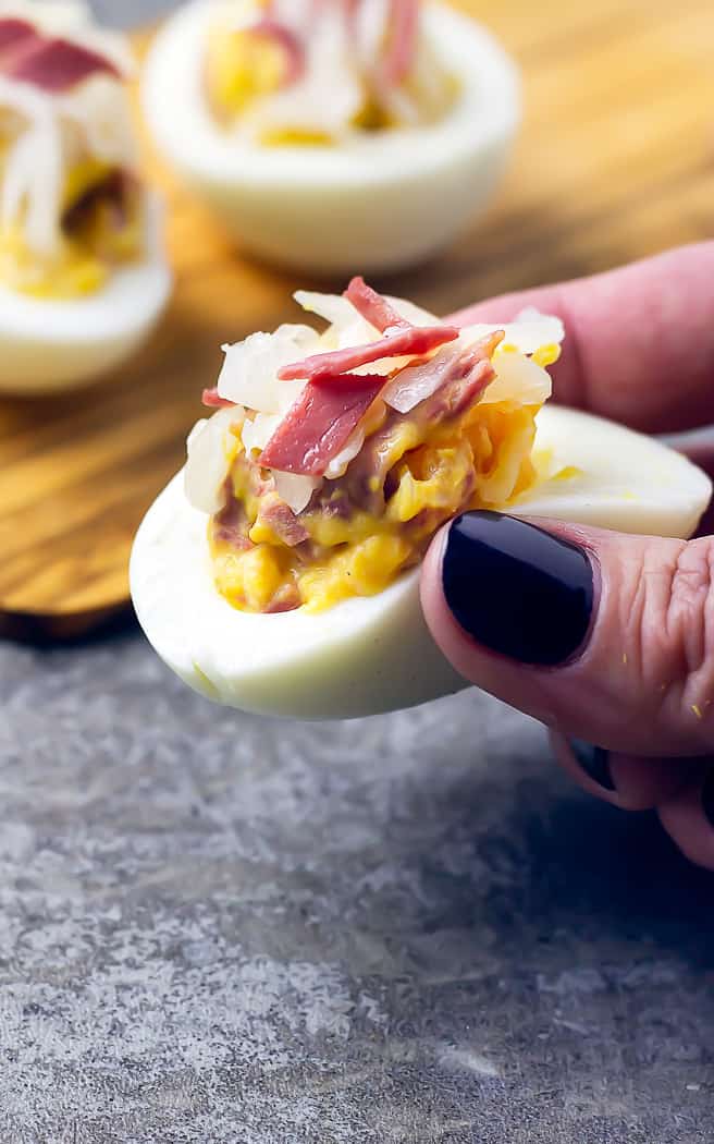 Reuben Deviled Eggs with Corned Beef and Sauerkraut