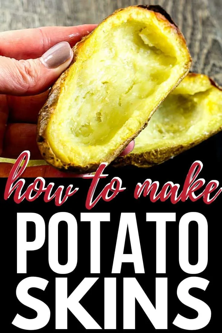 hand holding potato skin with text "how to make potato skins"
