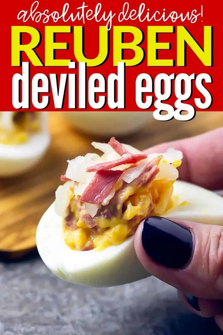 Pinterest Image close up of a reuben deviled egg with text "absolutely delicious reuben deviled eggs"