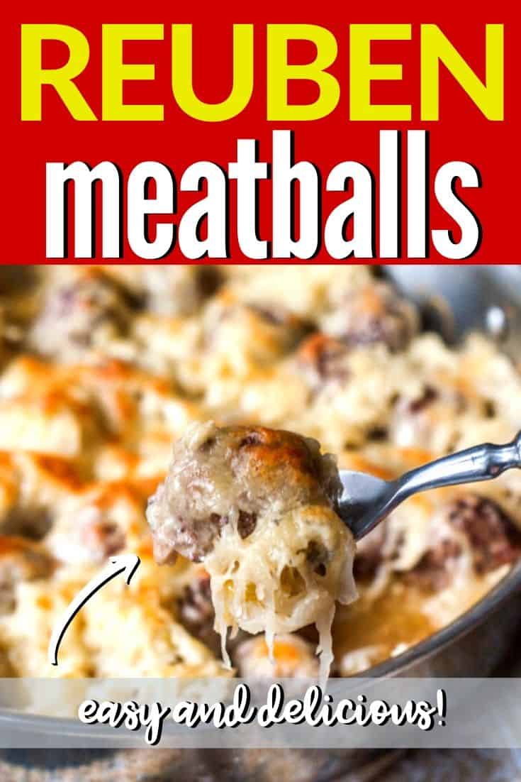 close up of meatball on fork with text "reuben meatballs"