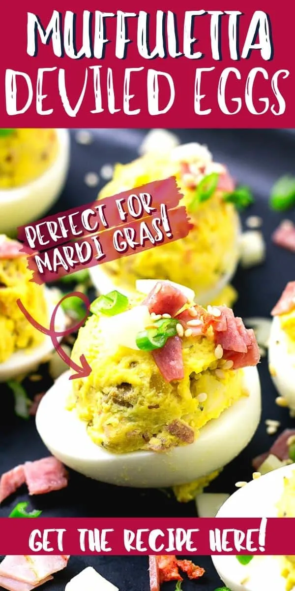 mardi gras appetizers with text "Muffuletta Deviled Eggs"
