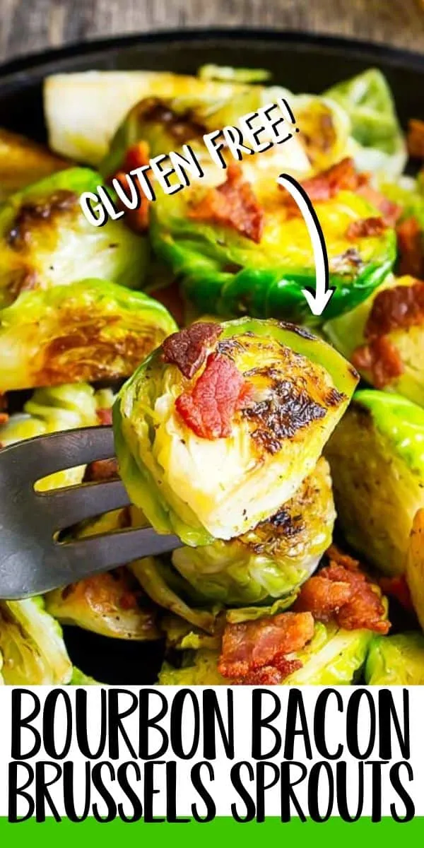 sprouts on a fork with text "bourbon bacon brussels sprouts"