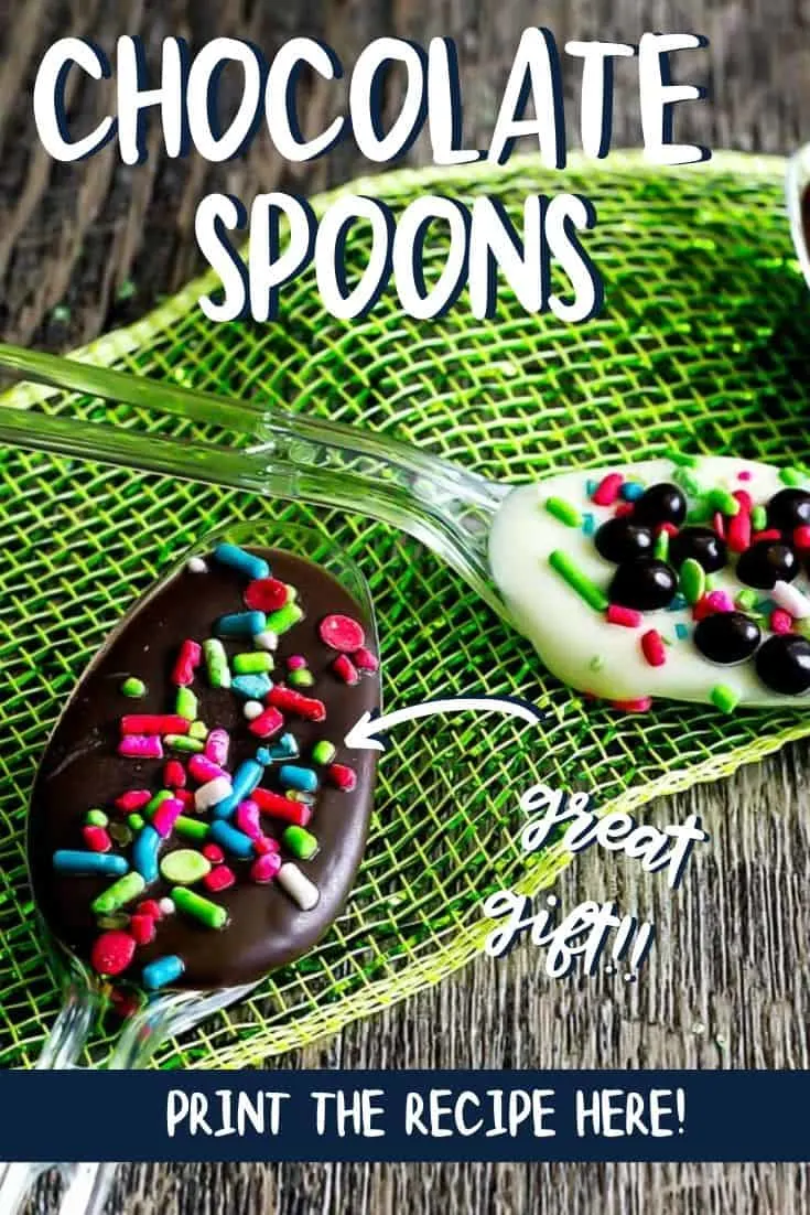 chocolate spoons on green ribbon with text " chocolate spoons"