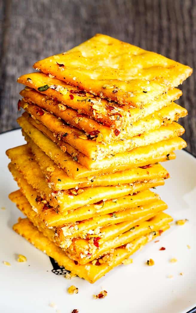 comeback crackers stacked on a white plate