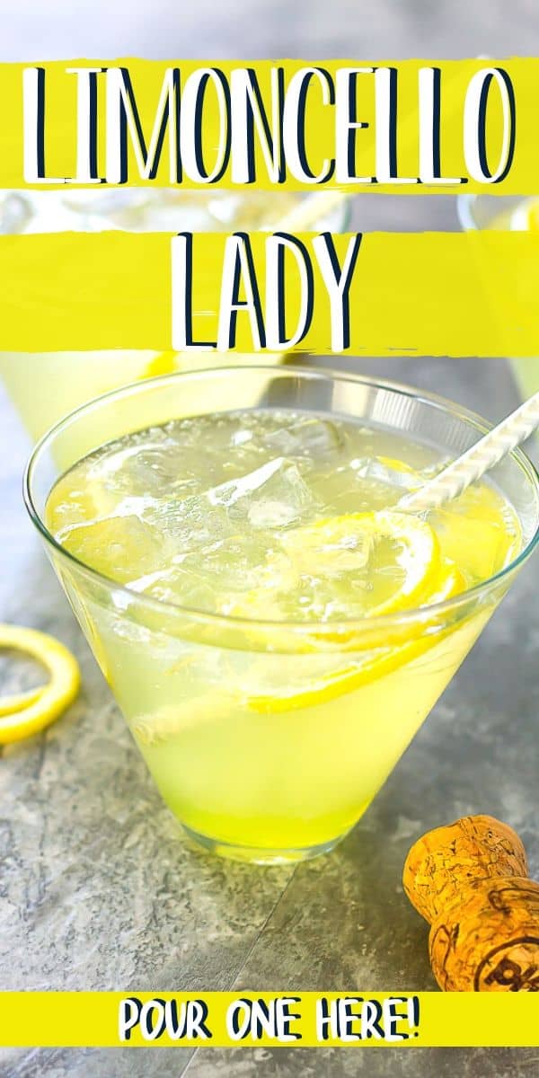 Pinterest image with text "limoncello lady" and "pour one here!"