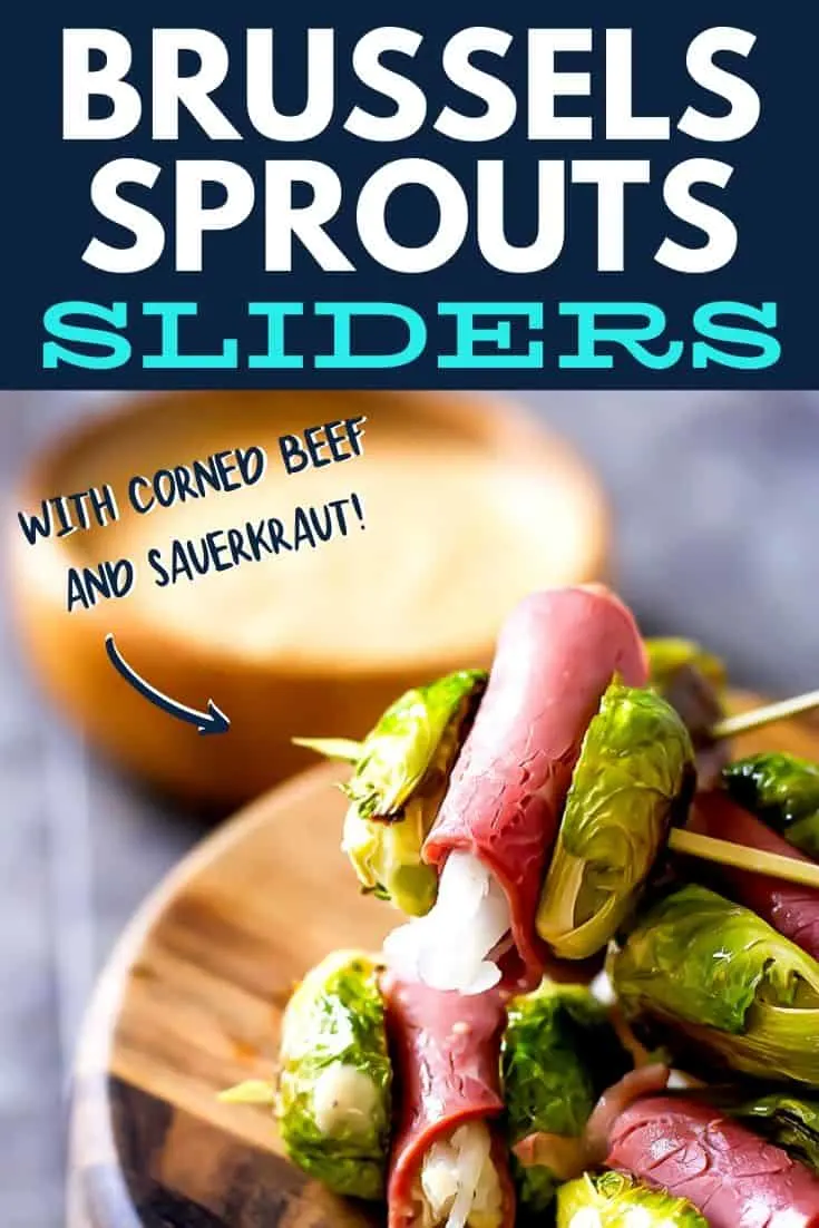 close up of reuben skewers with text "brussels sprouts