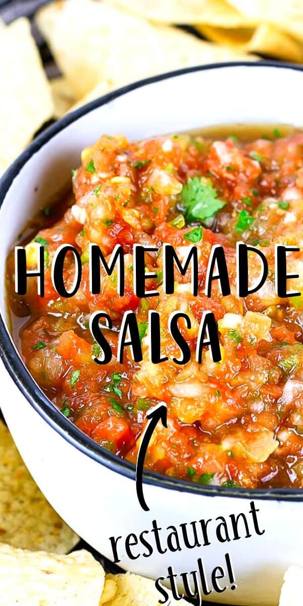 salsa with chip in it with text "restaurant style salsa"