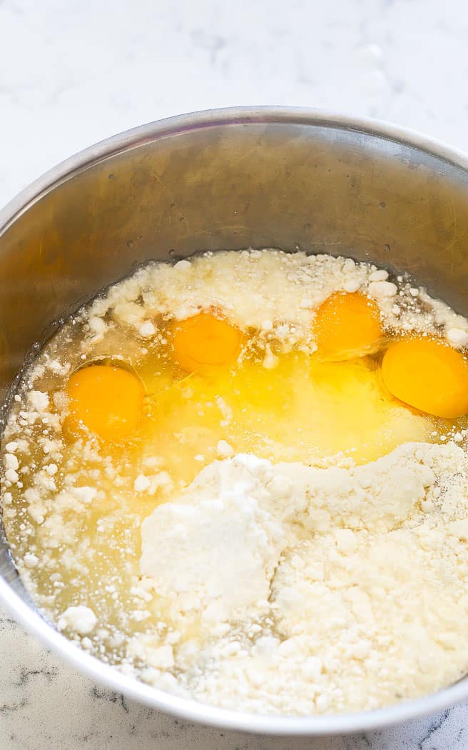 cake mix and eggs in bowl