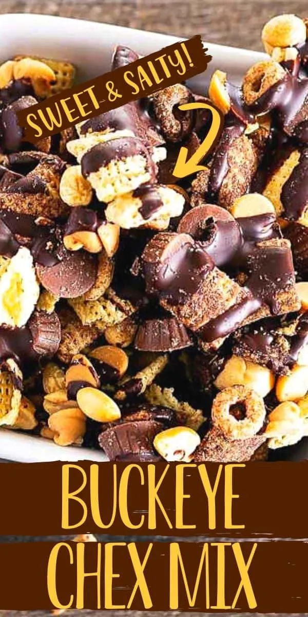 close up of chocolate chex mix with text "buckeye snack mix"