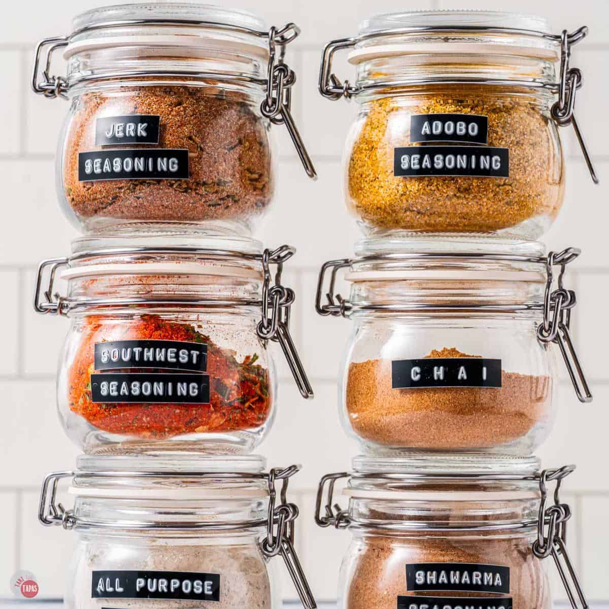 6 jars of spice mixes with labels