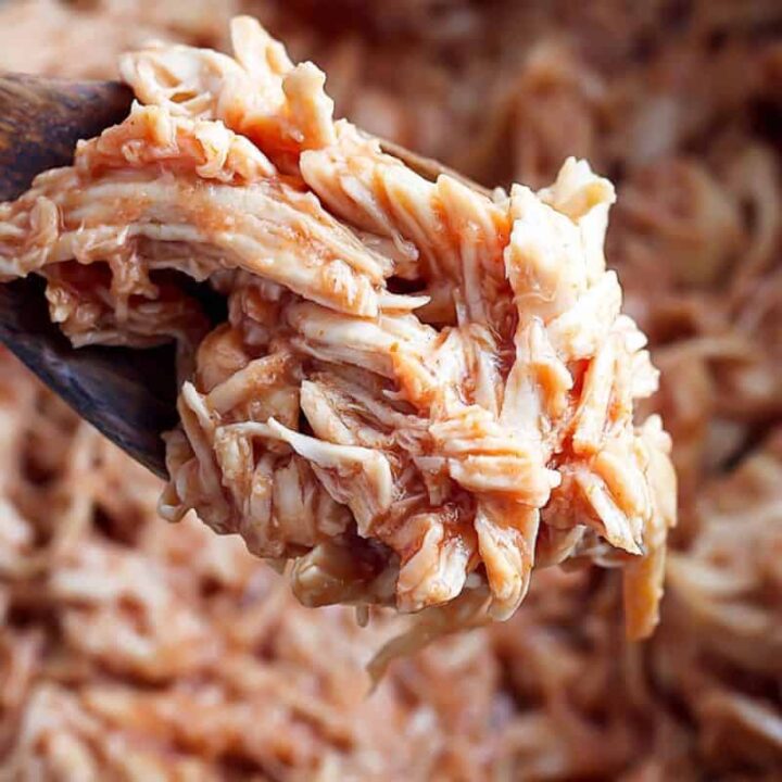 close up of pulled bbq chicken on wood spoon