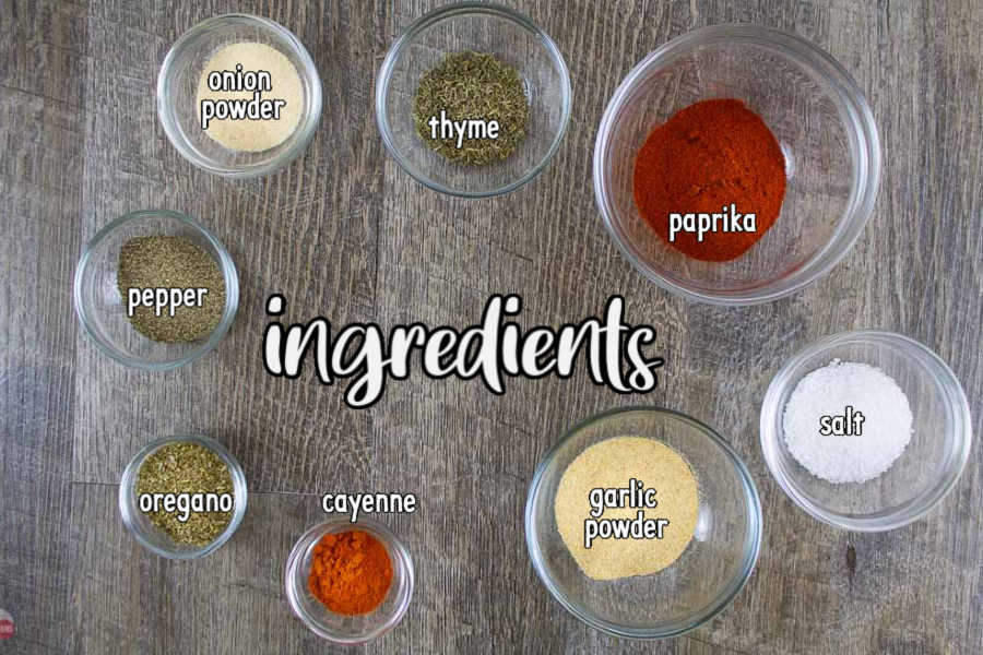 labeled picture of individual spices for cajun seasoning recipe