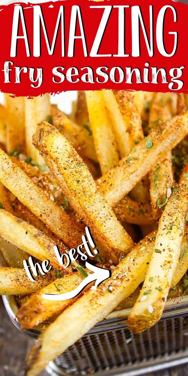 Pinterest image of fry seasoning on french fries with text "amazing fry seasoning - the best!"