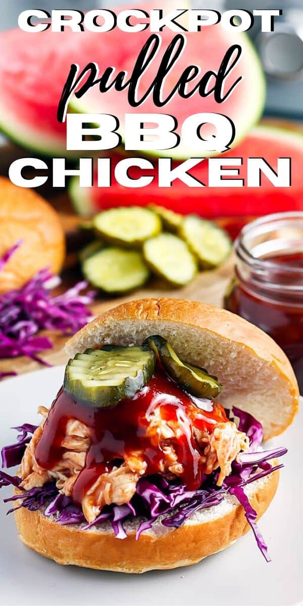 pinterest image for bbq chicken with text "crockpot pulled bbq chicken"