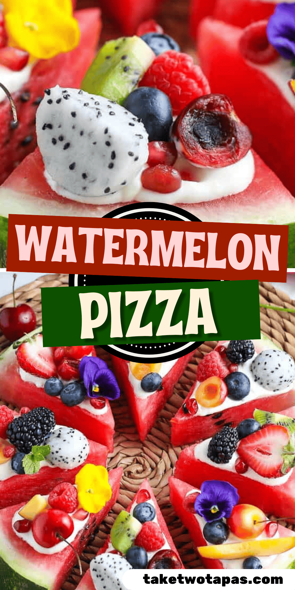 Pinterest pin image for a watermelon pizza recipe