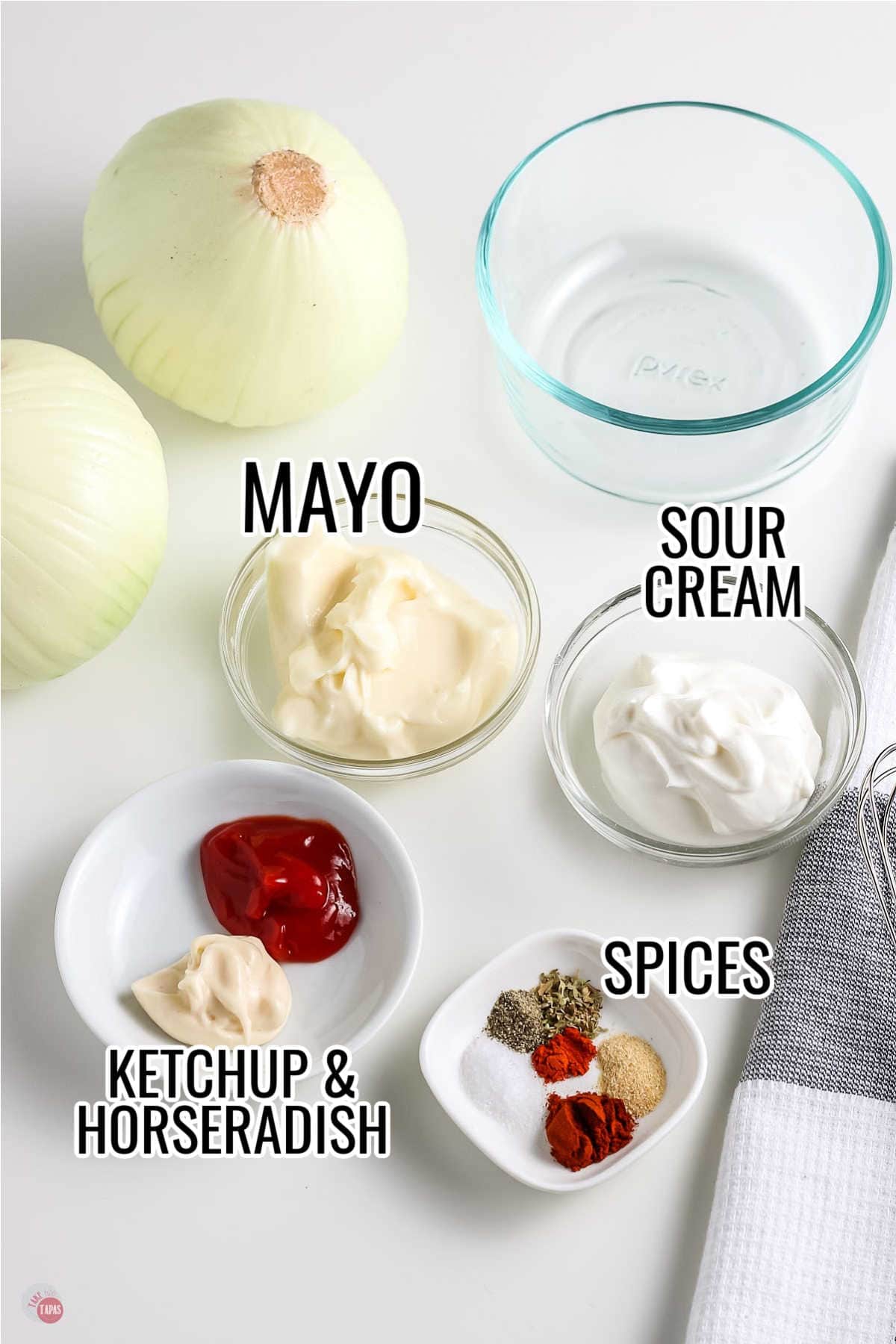 ingredients for a dipping sauce with text overlay labeling them