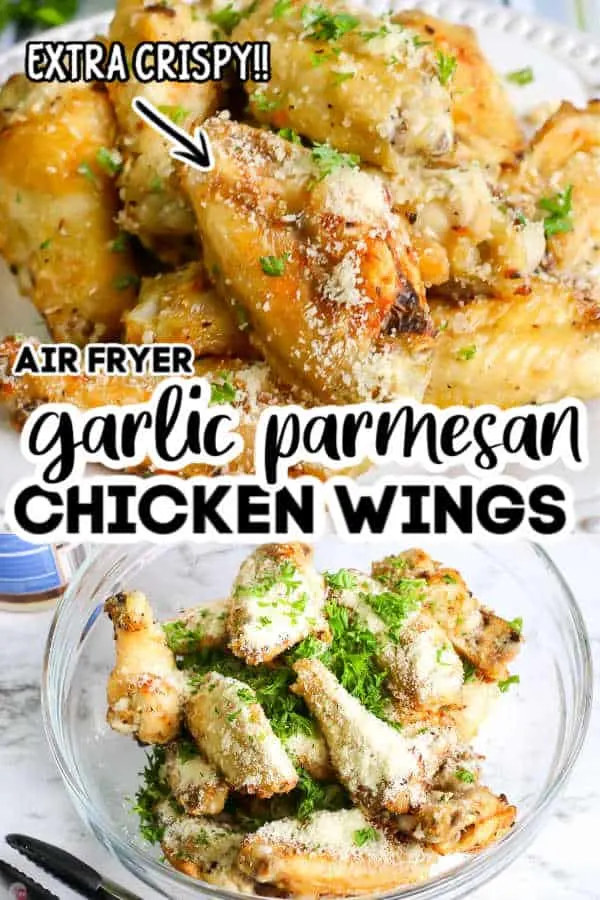 Pinterest image of chicken wings with text "garlic parmesan chicken wings air fryer"