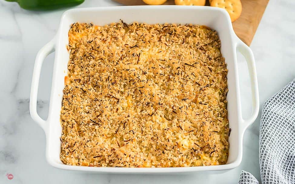 baked dip in a white square dish