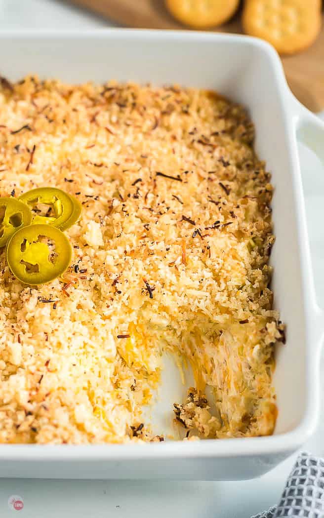 jalapeno popper dip in a square white dip