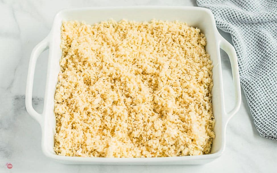 panko topping on a dip in a white square dish