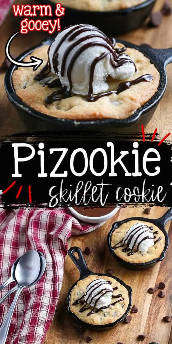 collage of pizookies for pinterest with text "pizookie skillet cookie"