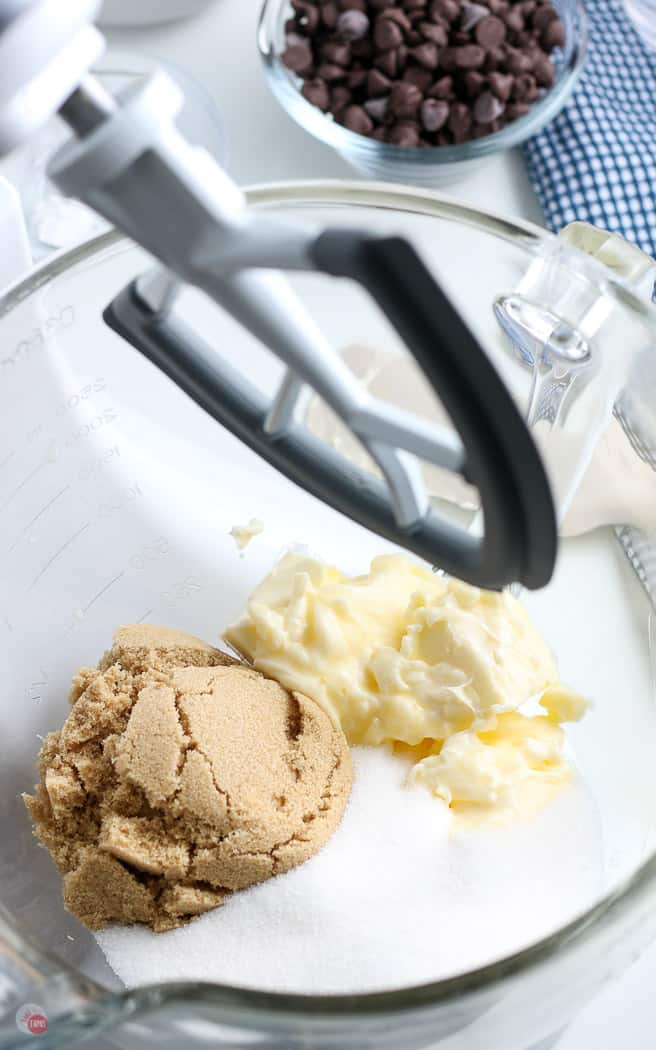 butter and sugars in a clear mixing bowls