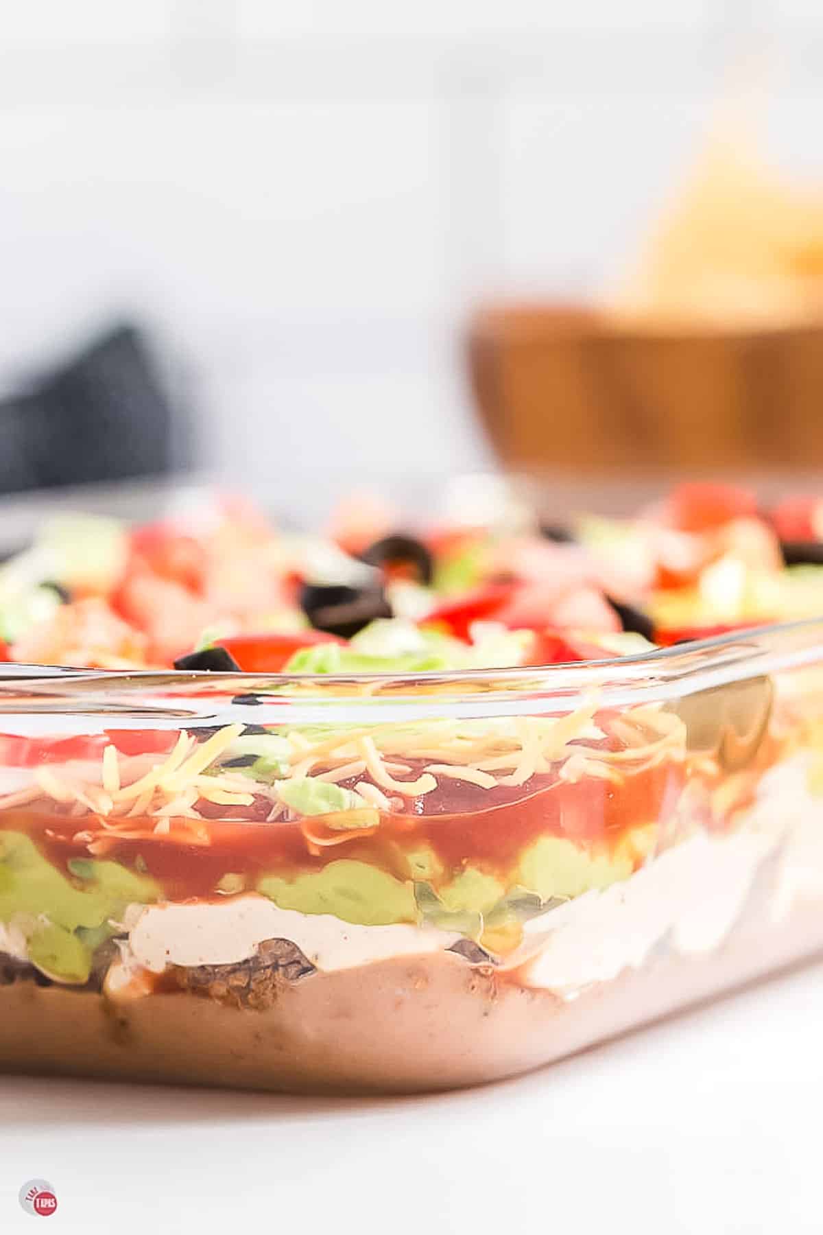 side view of layer dip in a clear dish