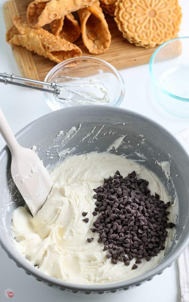 dip and chocolate chips in a grey bowl