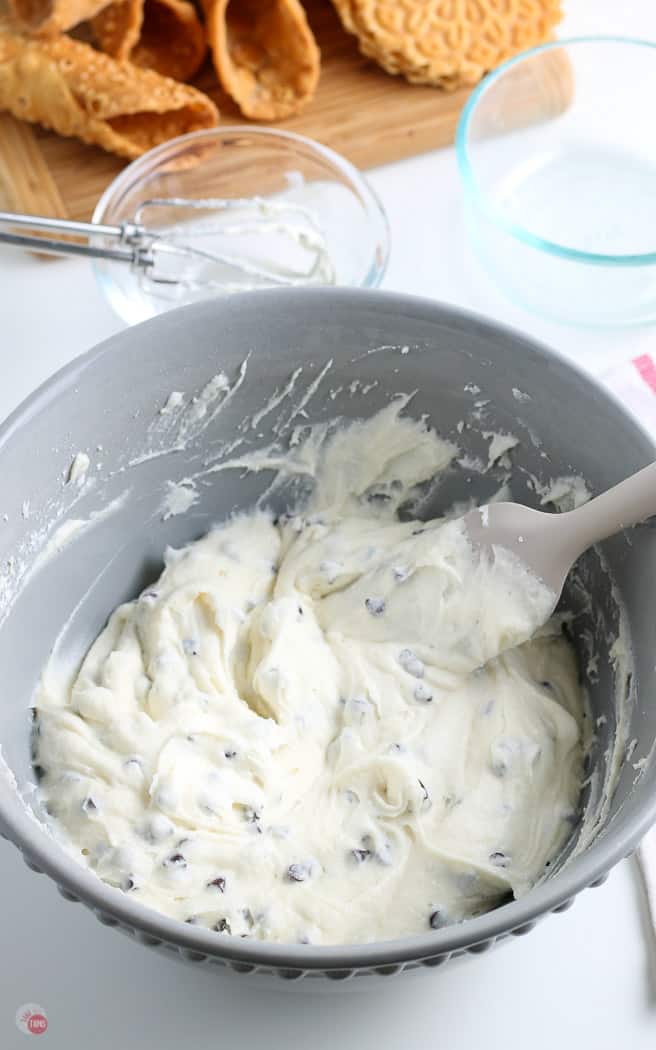 cannoli dip in a grey bowl