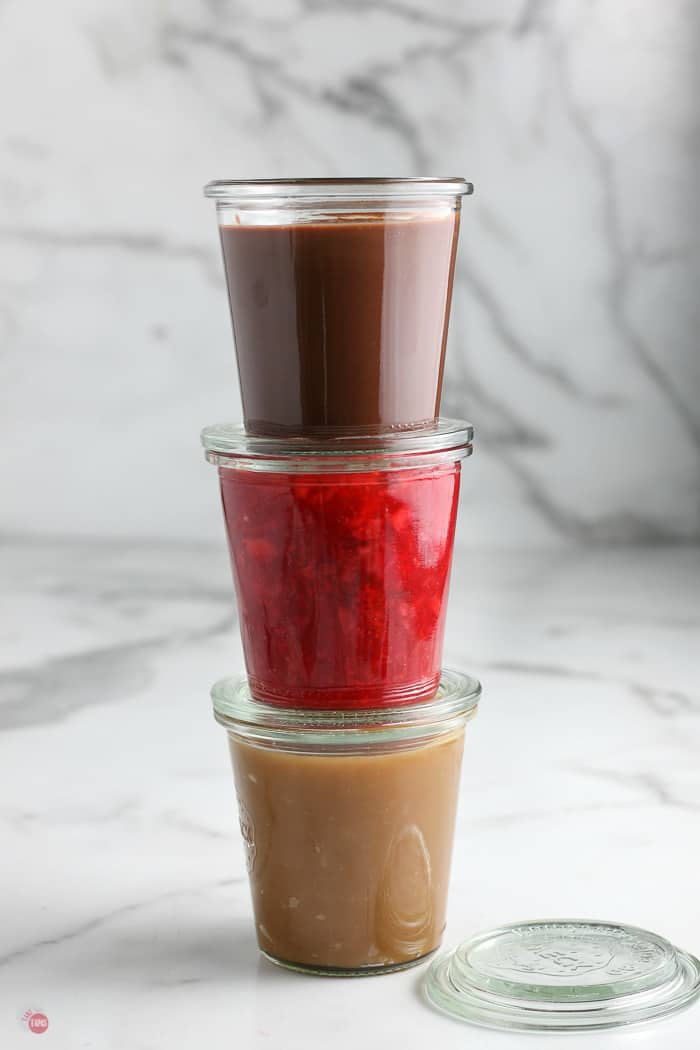 stack of 3 jars of dessert sauces