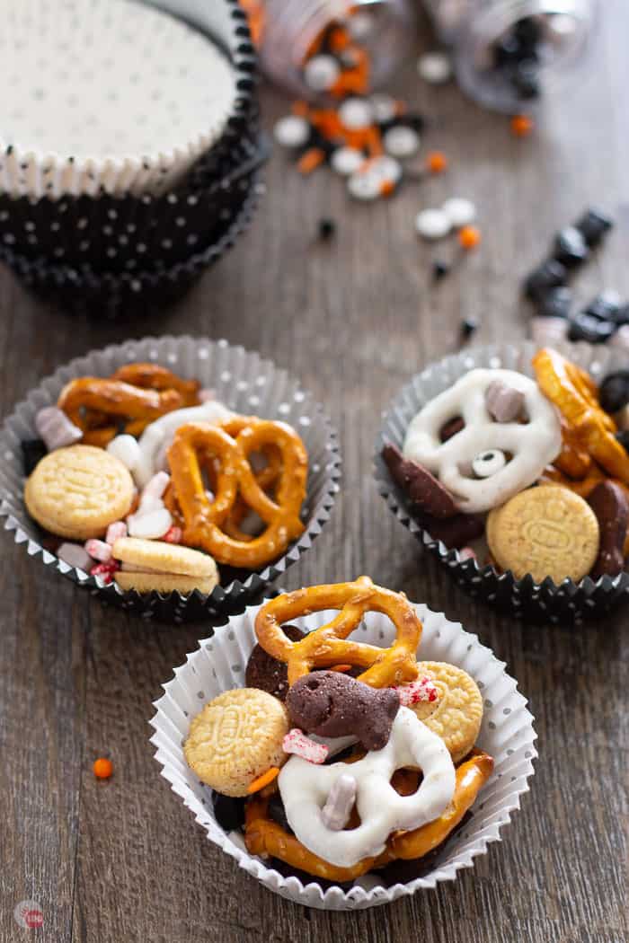 cupcake liners full of graveyard grub halloween party mix
