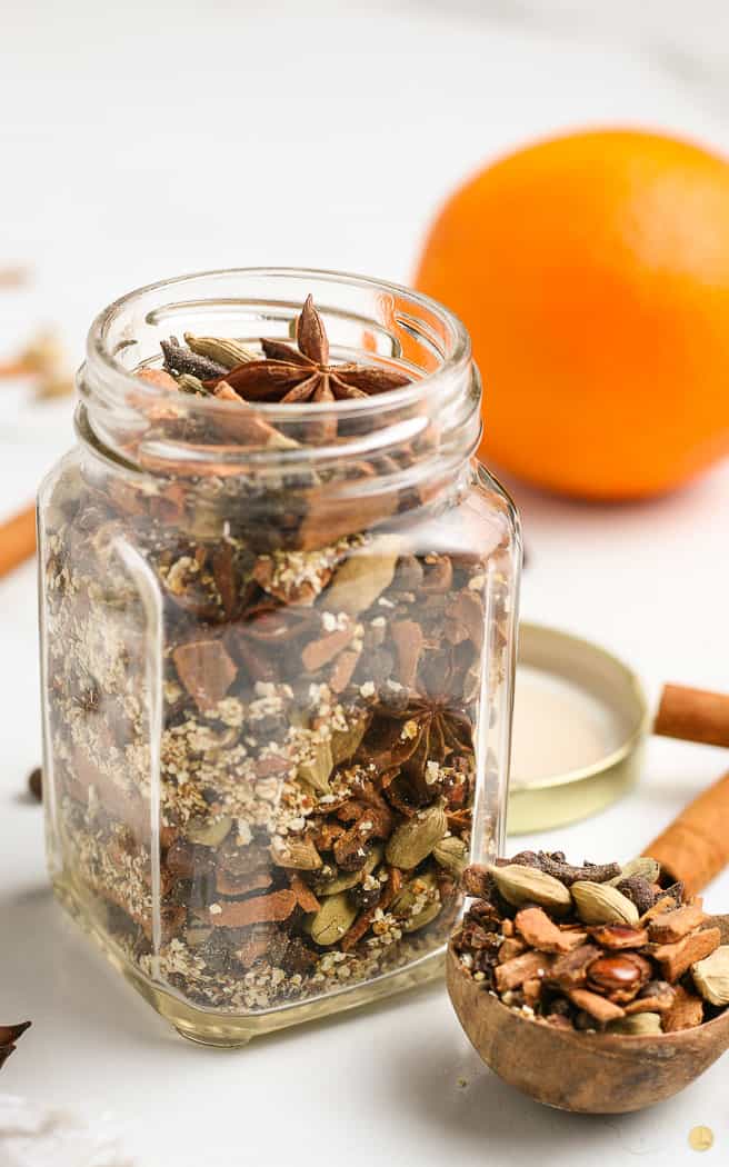 mulling spices in a square jar