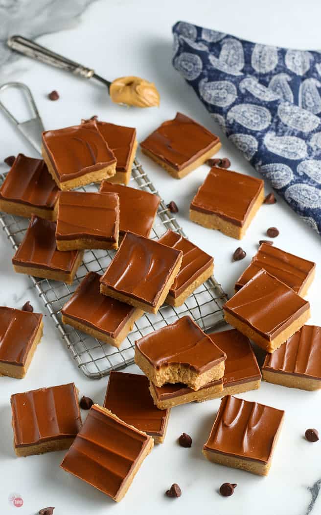 no bake peanut bars with a blue napkin